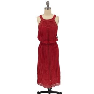 01586 Joie Crochet Trim Blouson Midi Dress Red Size XSmall preppy cottagecore